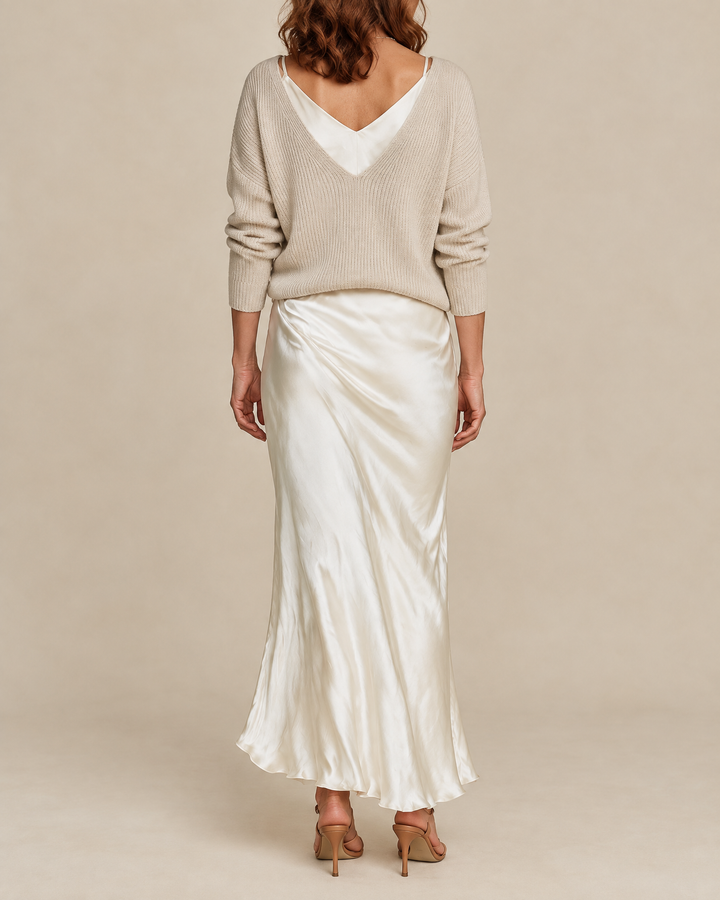 Aurore - Sweater and Satin Slip Set in apricot, back view