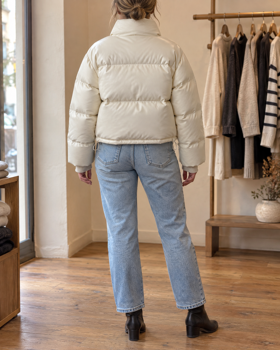 Anais - Cropped Faux Leather Puffer in cream, back view
