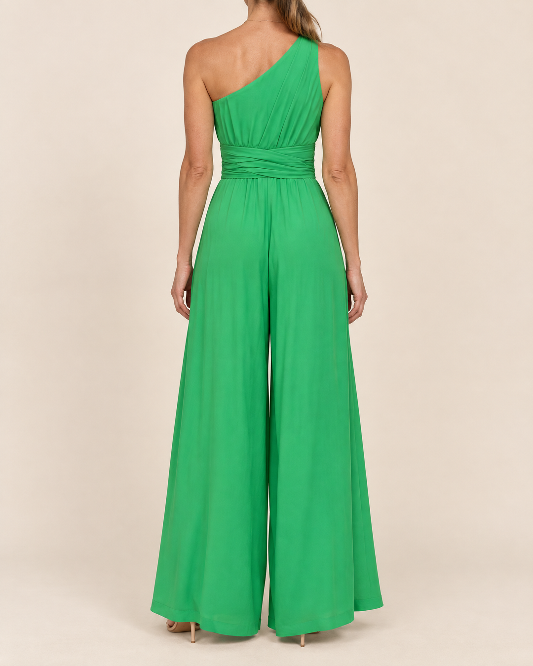 Constance - One Shoulder Wide Leg Jumpsuit in green, back view