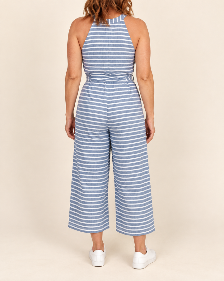 Josette - Striped Tie Waist Jumpsuit in blue, back view