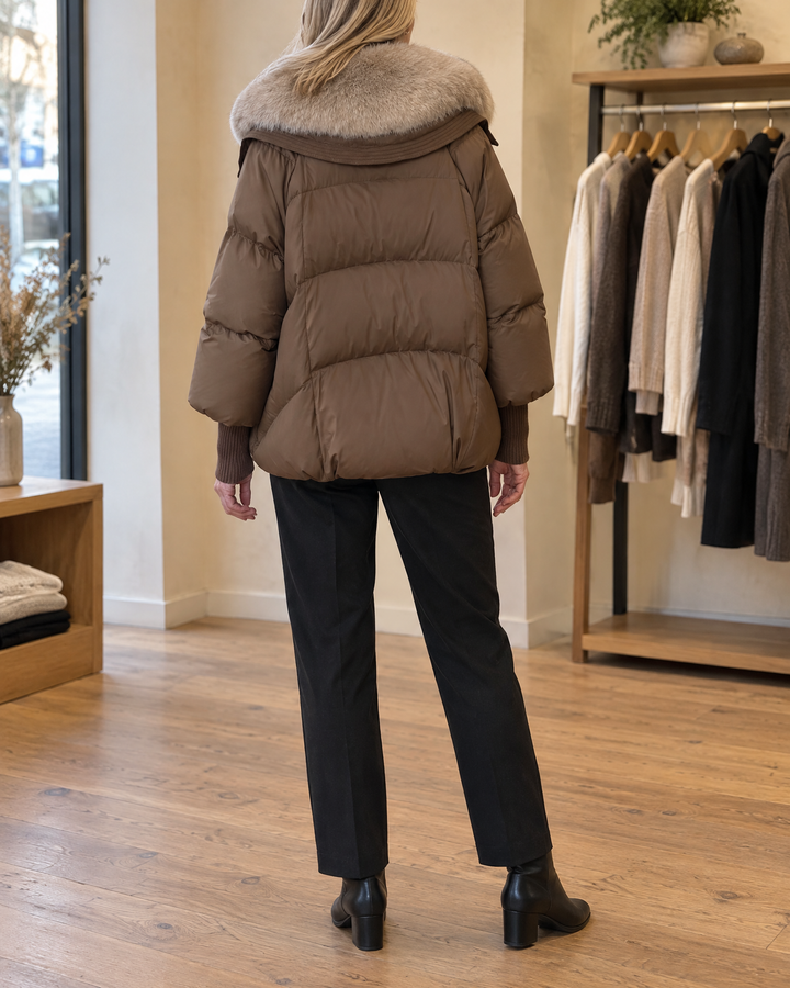 Chantal - Faux Fur Collar Puffer Jacket in brown, back view