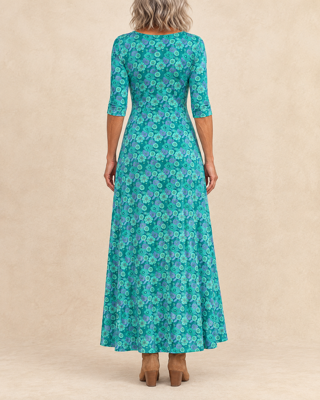 Romane - Floral Print Maxi Dress in teal floral, back view