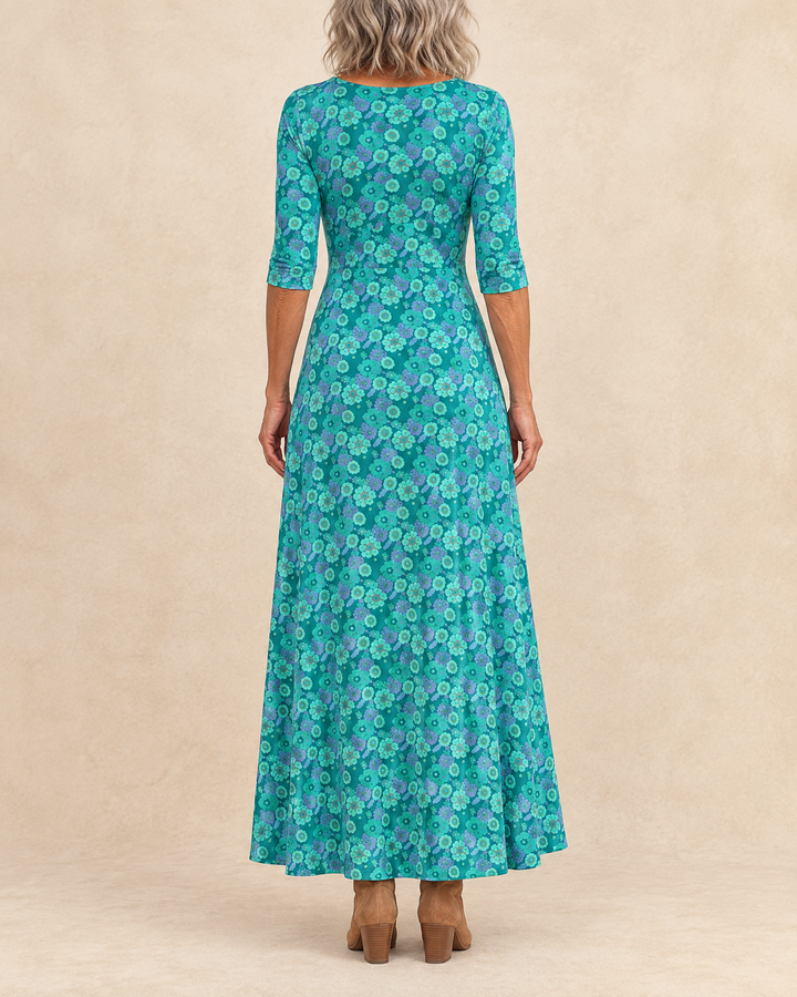 Romane - Floral Print Maxi Dress in teal floral, back view
