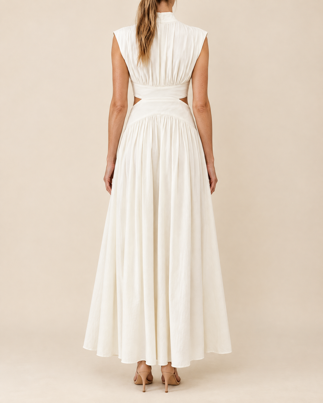 Diane - Mock Neck Cut Out Maxi Dress in ivory, back view