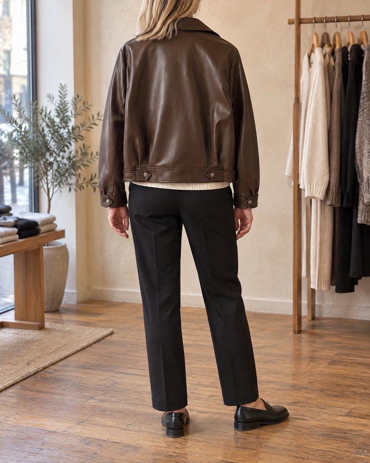 Vanessa - Wide Lapel Faux Leather Jacket in brown, back view