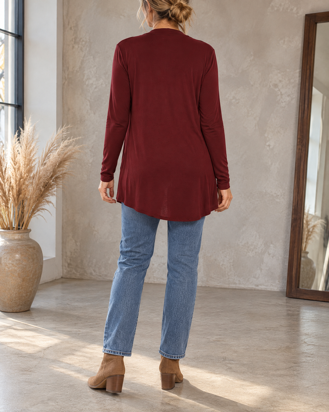 Nicolette - Longline Pocket Cardigan in wine, back view