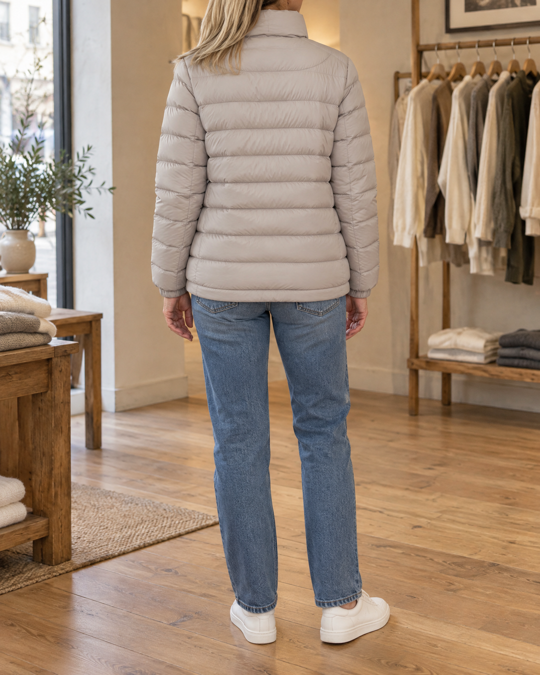 Adeline - Stand Collar Puffer Jacket in light grey, back view