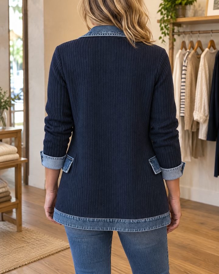 Clarisse - Knit and Denim Jacket in navy, back view