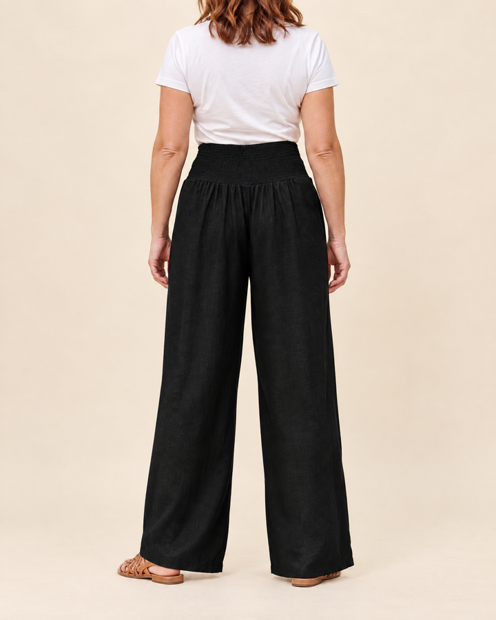 Eugenie - Smocked Waist Wide Leg Pants in black, back view