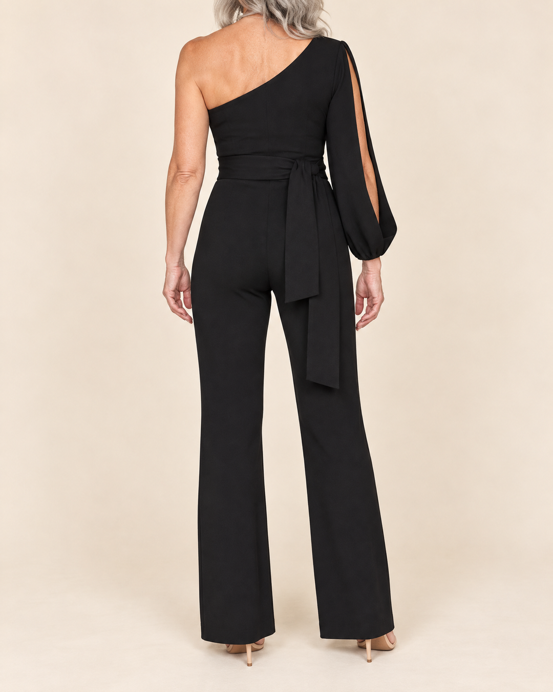 Isabeau - One Shoulder Tie Jumpsuit in black, back view