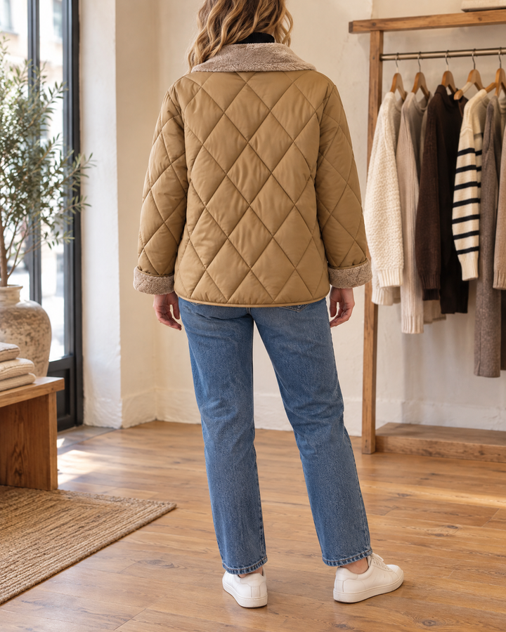 Claire - Faux Fur Collar Quilted Jacket in camel, back view