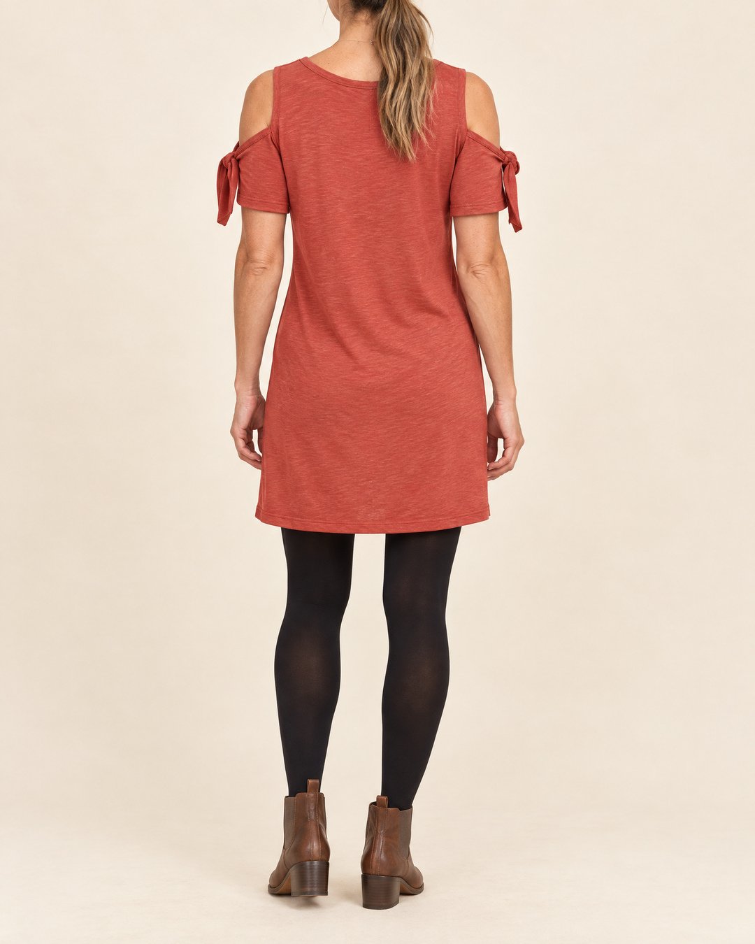 Yvette - Cold Shoulder Tee Dress in brick red, back view
