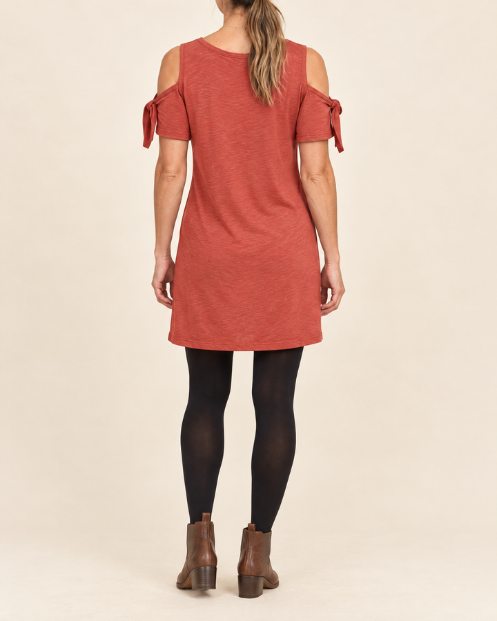 Yvette - Cold Shoulder Tee Dress in brick red, back view