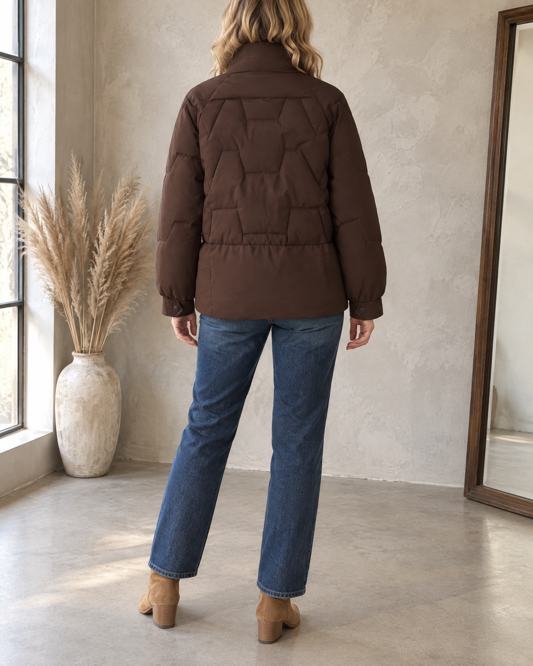 Angele - Chevron Quilted Puffer Jacket in brown, back view