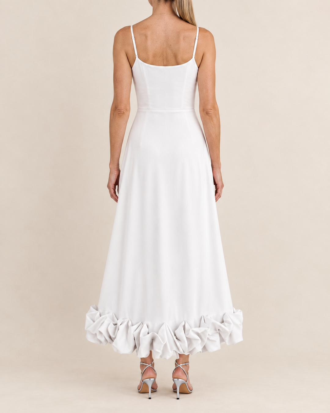 Rosine - Ruffle Hem Cami Maxi Dress in white, back view