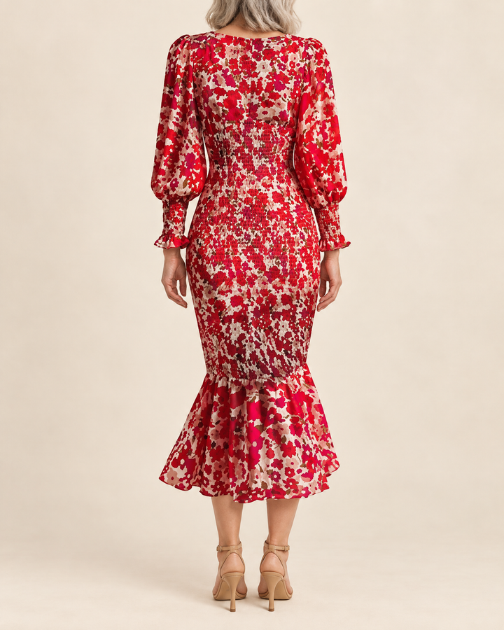 Mathilde - Smocked Floral Midi Dress in red, back view