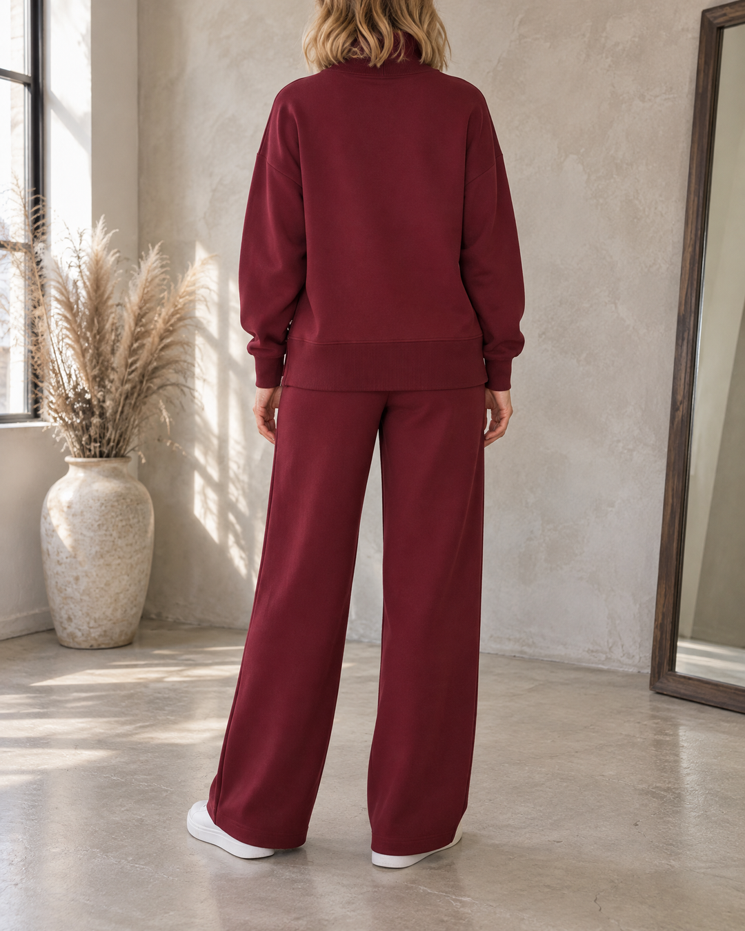 Pauline - Turtleneck Sweatshirt Set in wine, back view