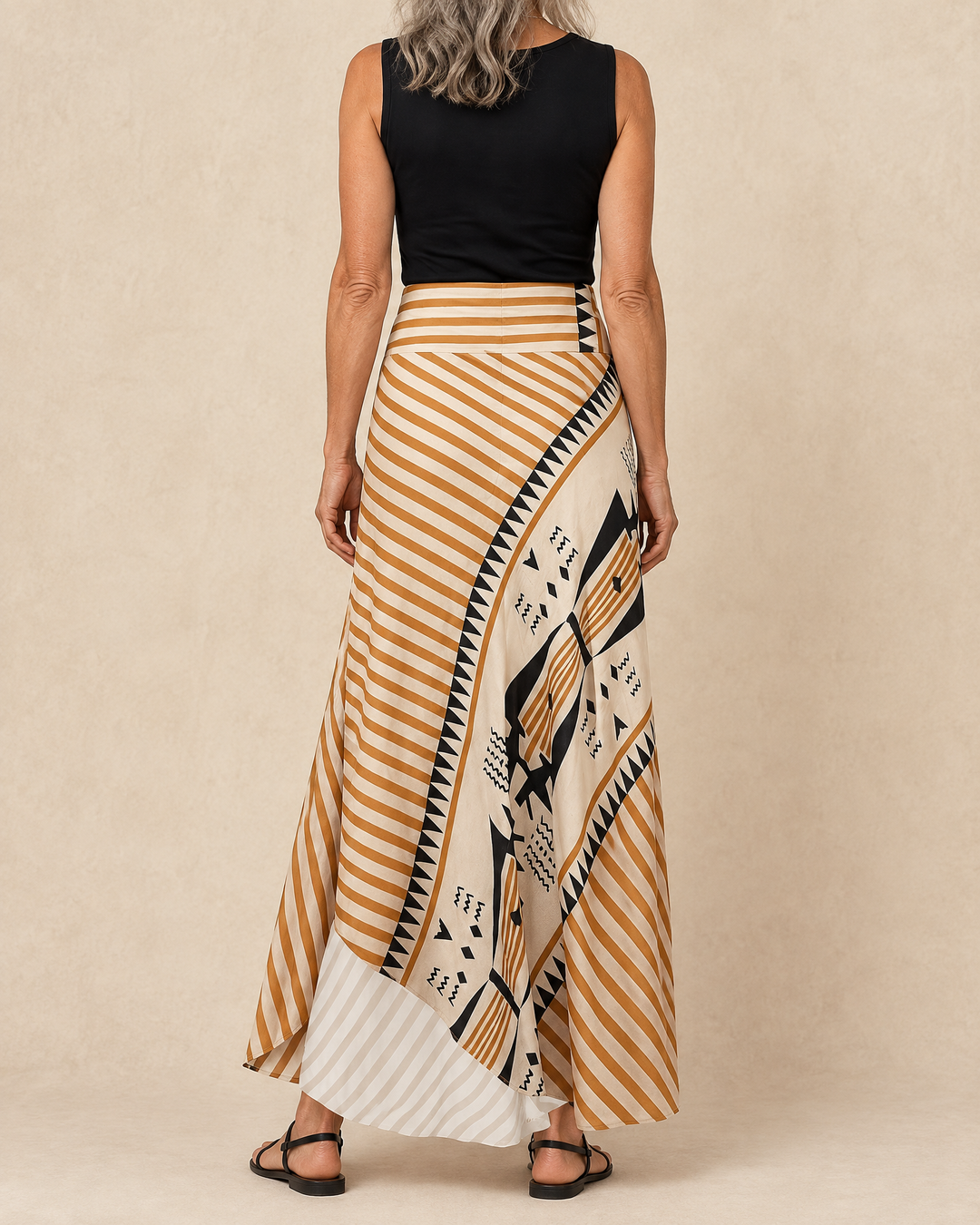 Bertille - Striped A-Line Maxi Skirt in sand stripe, back view