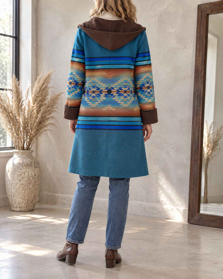 Nicole - Hooded Geometric Print Coat in teal, back view