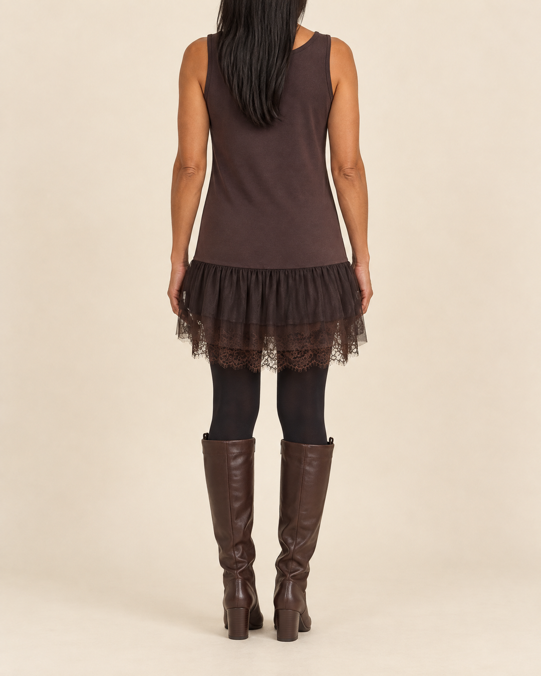 Sabine - Lace Trim Mini Dress in chocolate, back view