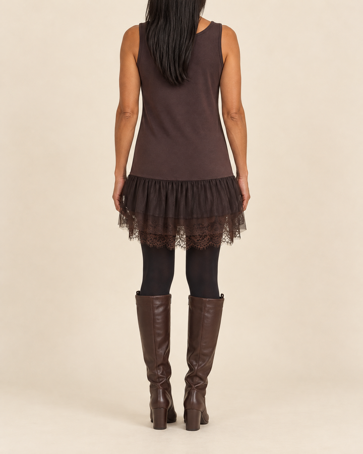 Sabine - Lace Trim Mini Dress in chocolate, back view