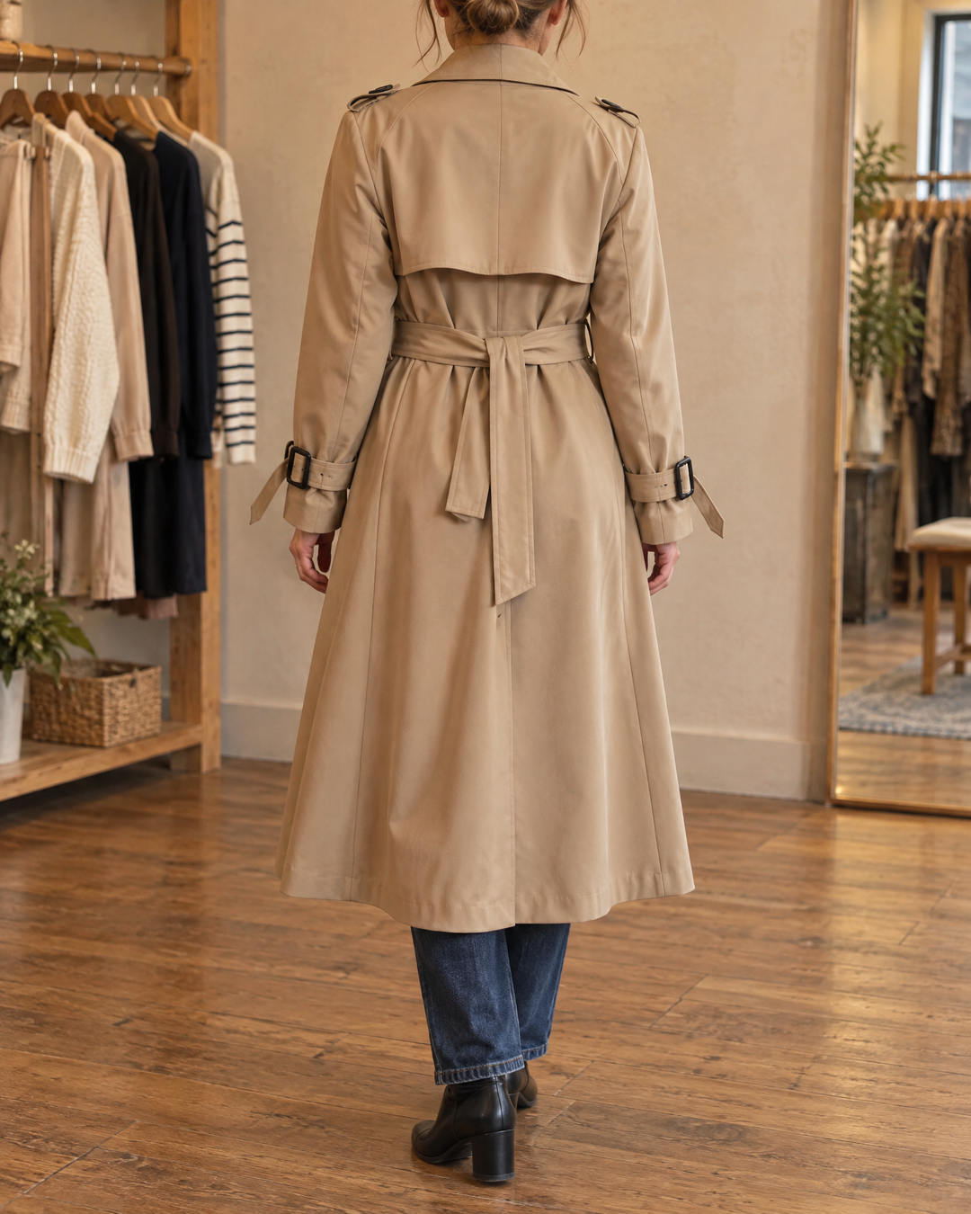 Monique - Long Belted Trench Coat in khaki, back view