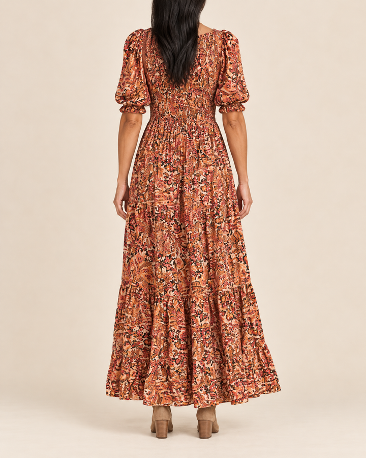 Garance - Frilled Waist Swing Maxi Dress in orange floral, back view