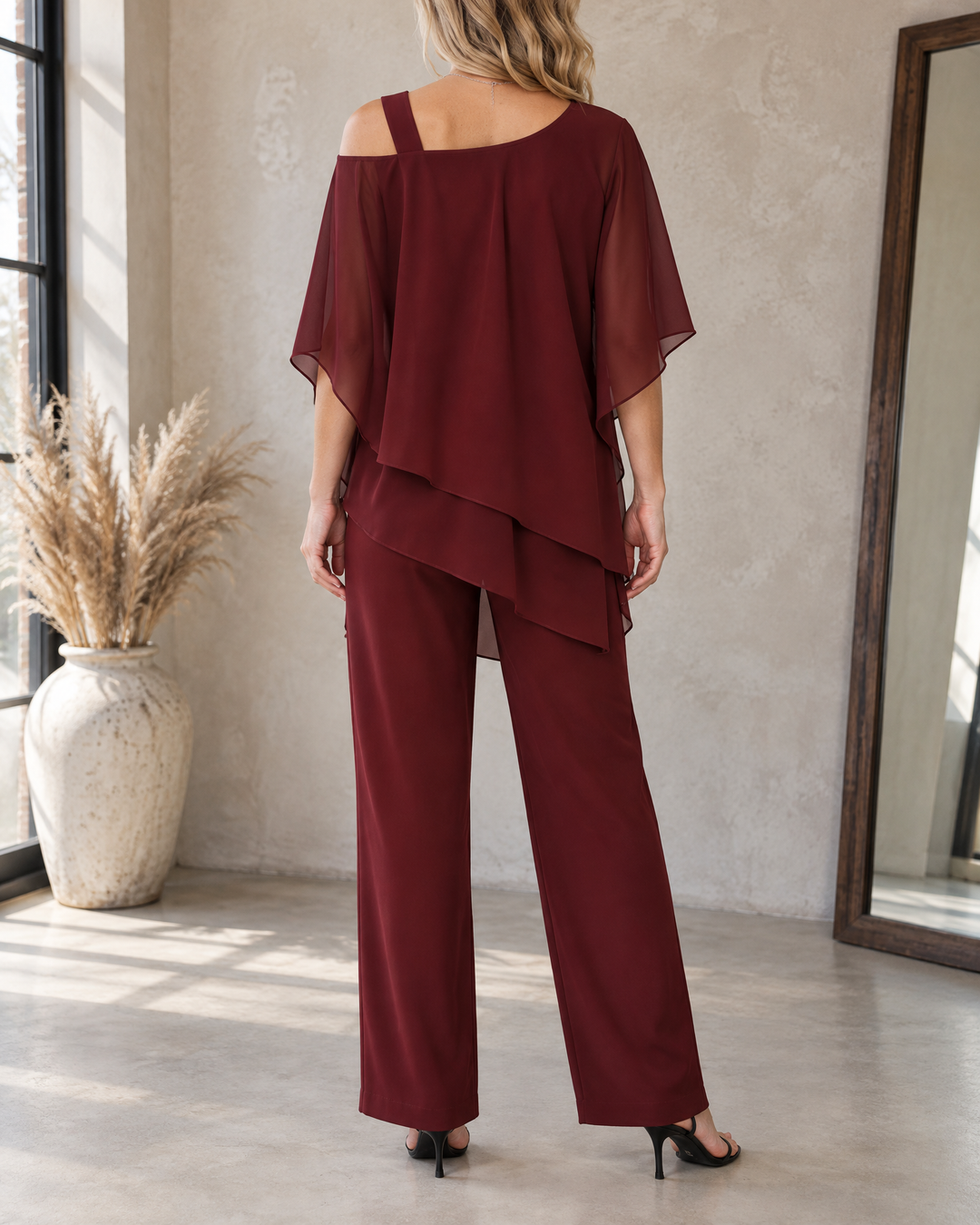 Isaure - Batwing Asymmetric Set in burgundy, back view