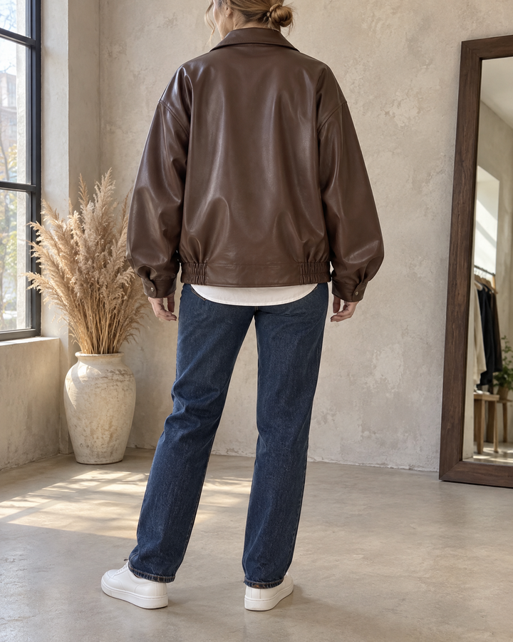 Leontine - Oversized Faux Leather Bomber in brown, back view