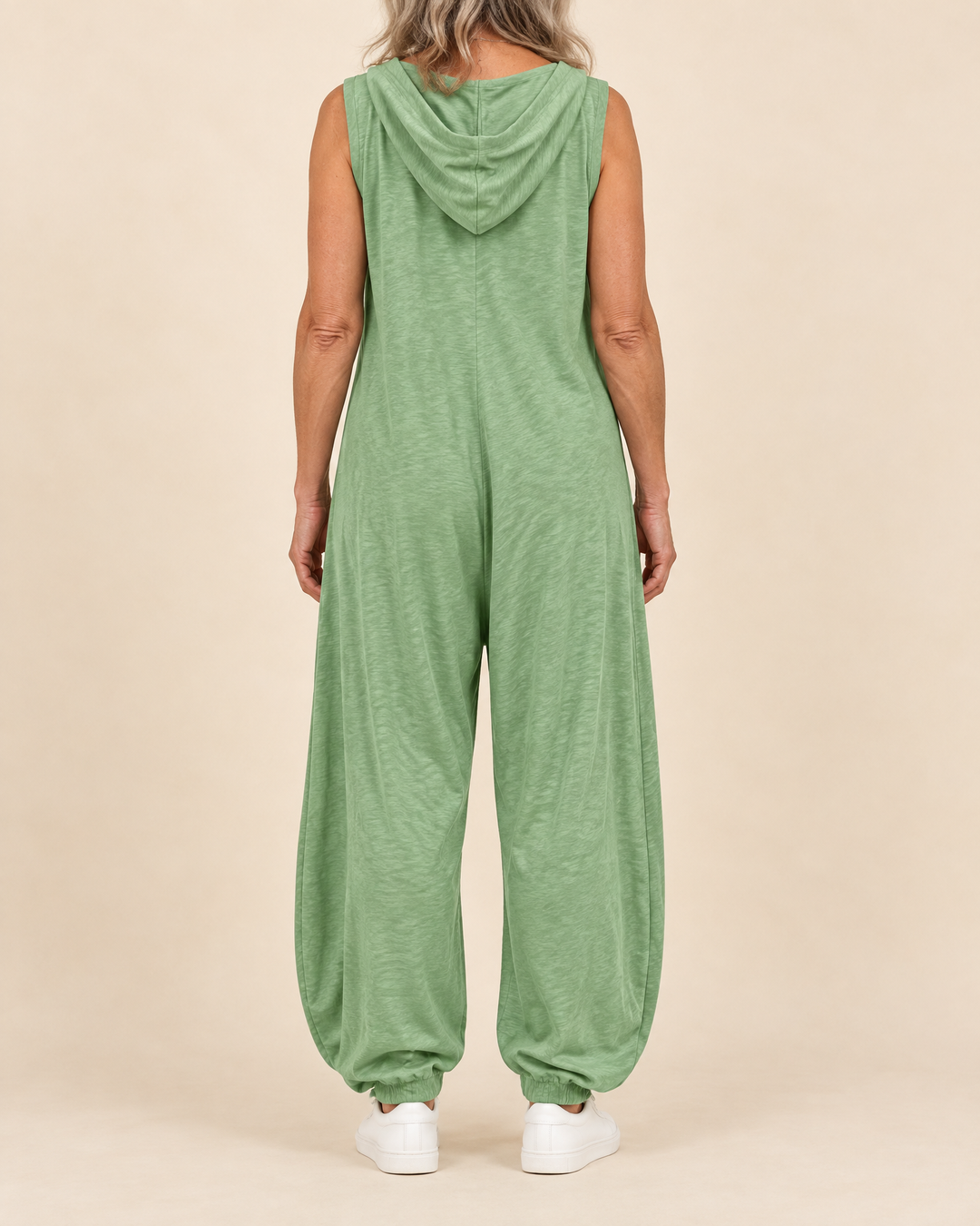 Gabrielle - Hooded Button Jumpsuit in sage green, back view