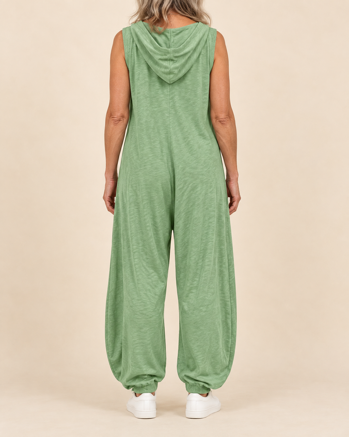 Gabrielle - Hooded Button Jumpsuit in sage green, back view