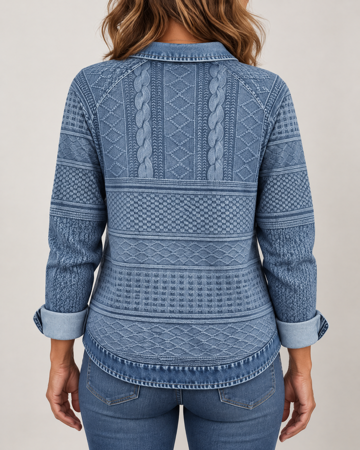 Annelise - Cable-Look Collared Top in blue, back view