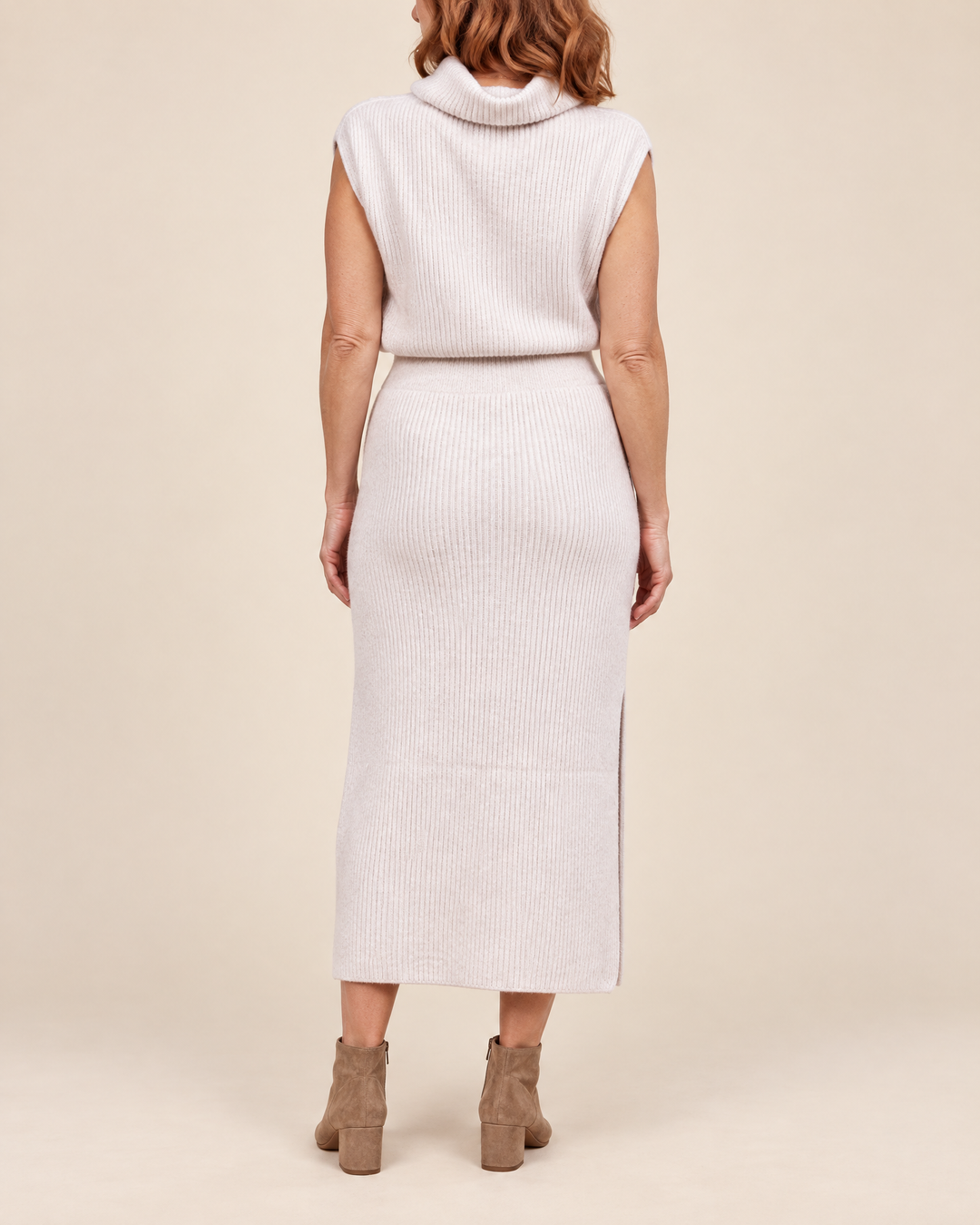 Berenice - Sleeveless Turtleneck Knit Set in apricot, back view