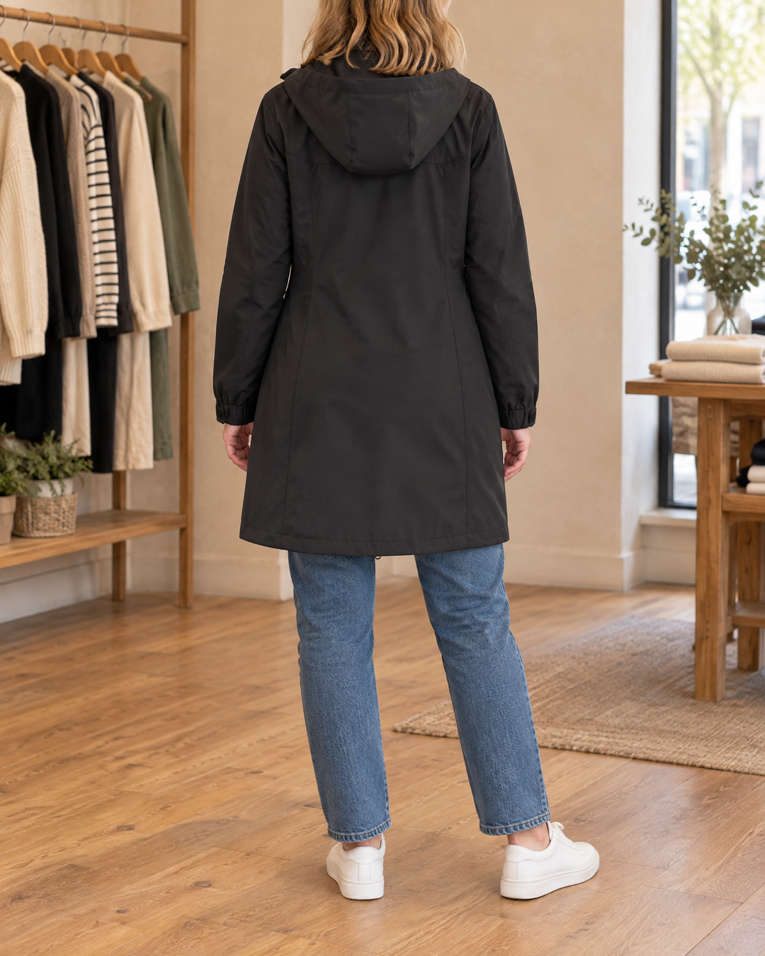 Jacqueline - Water-Repellent Hooded Coat in black, back view
