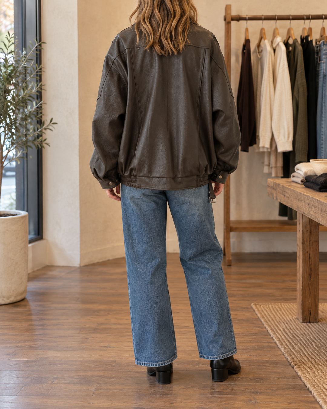 Mirabelle - Oversized Faux Leather Biker Jacket in dark brown, back view