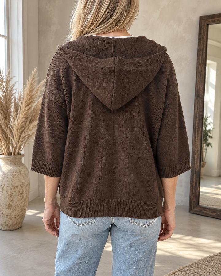 Viviane - Hooded Open-Front Cardigan in chocolate, back view