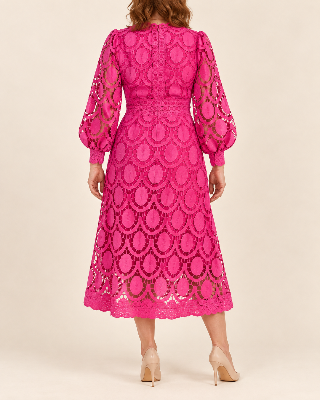 Margaux - Lace Puff Sleeve Midi Dress in hot pink, back view