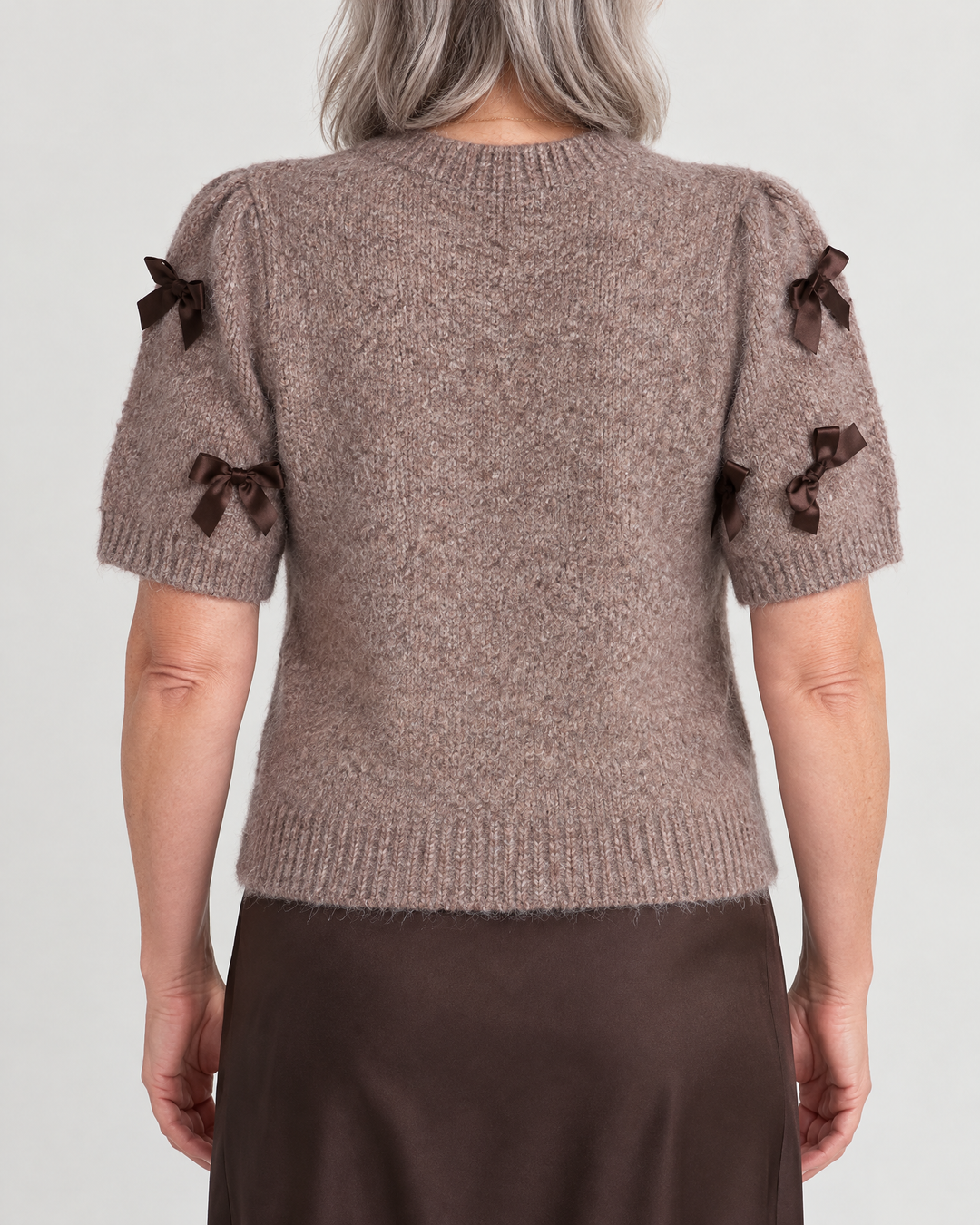 Juliette - Bow Sweater Top in brown, back view