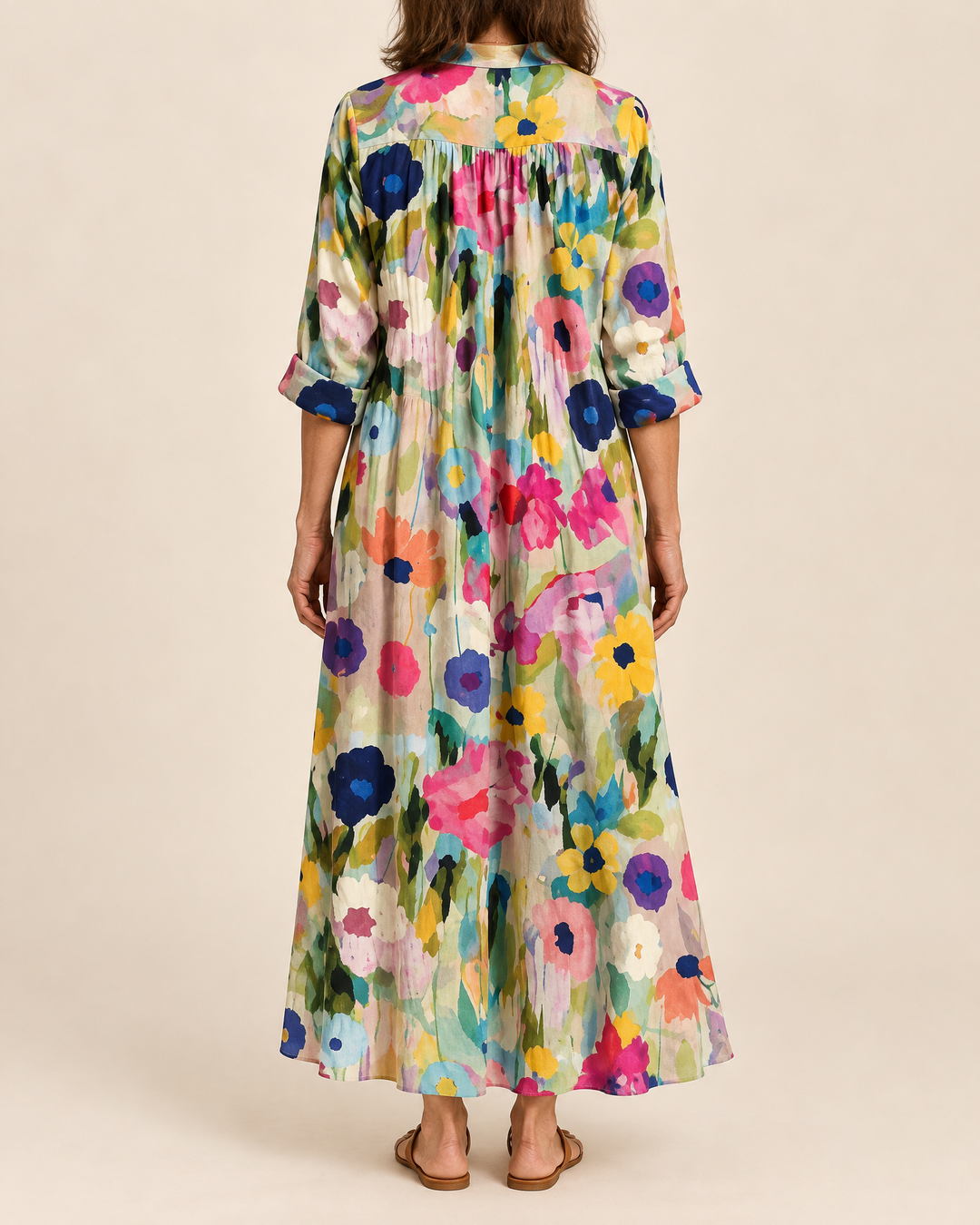 Mireille - Bohemian Maxi Shirt Dress in garden bloom, back view