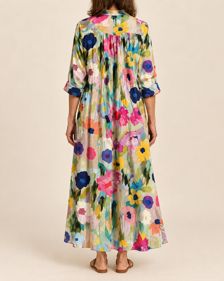 Mireille - Bohemian Maxi Shirt Dress in garden bloom, back view