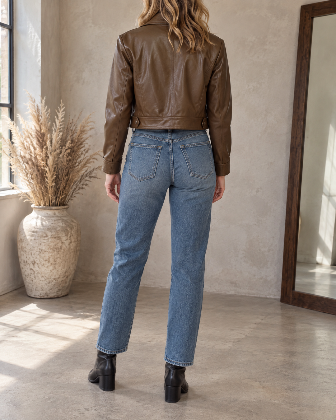 Valerie - Cropped Faux Leather Biker Jacket in brown, back view