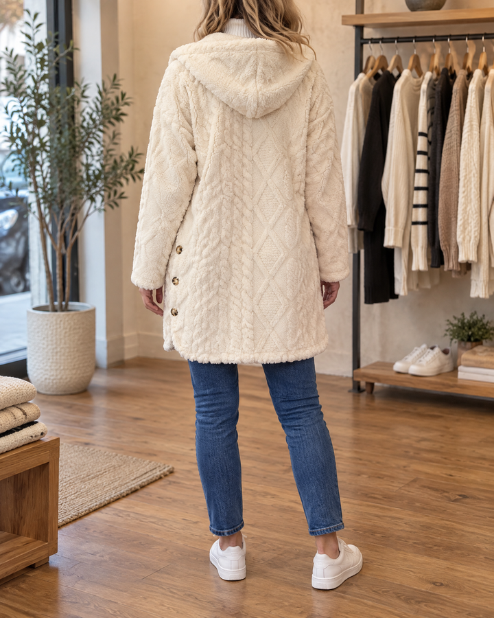 Corinne - Hooded Sherpa Jacket in white, back view