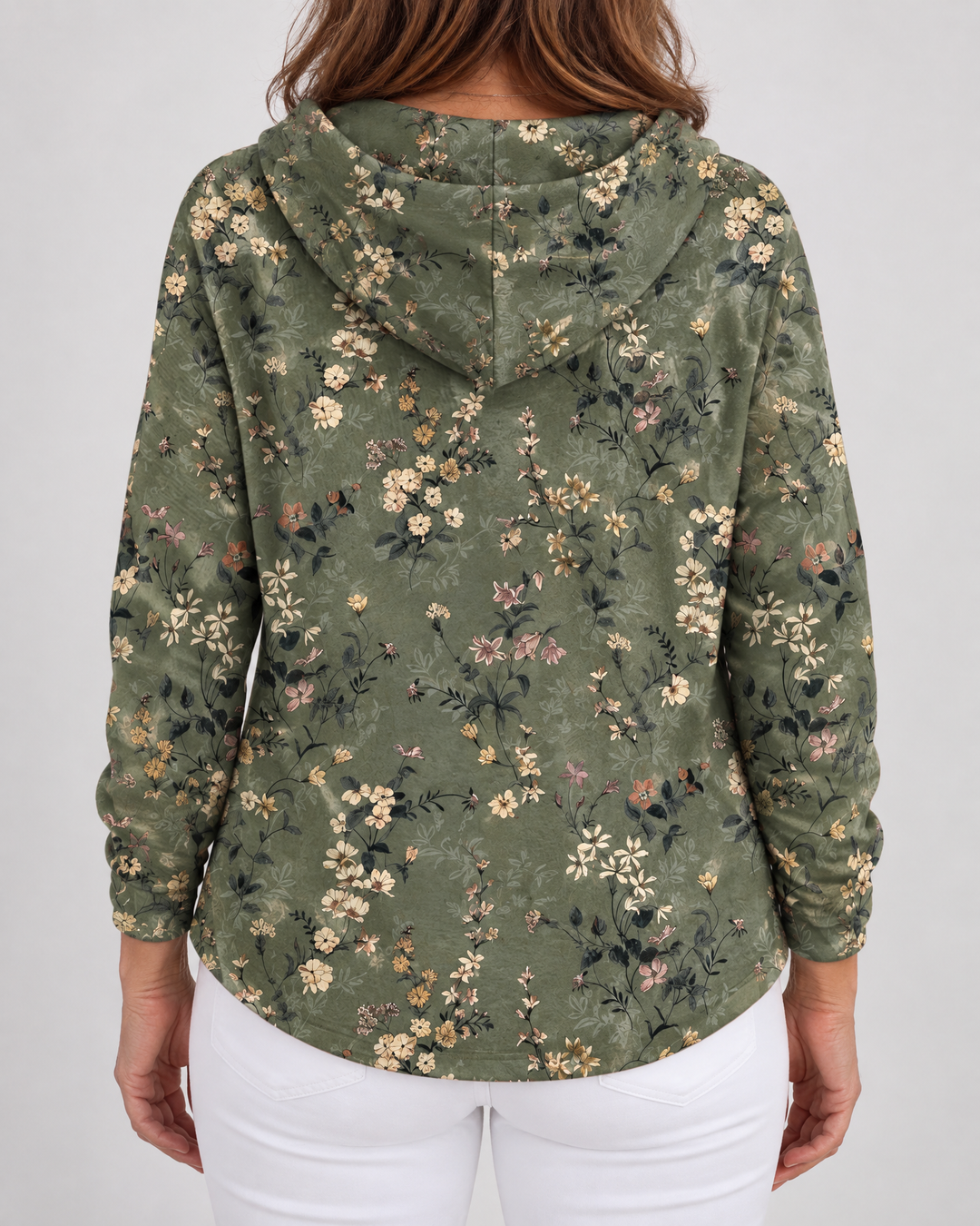 Isadora - Printed Hooded Cardigan in dark green, back view with the hood