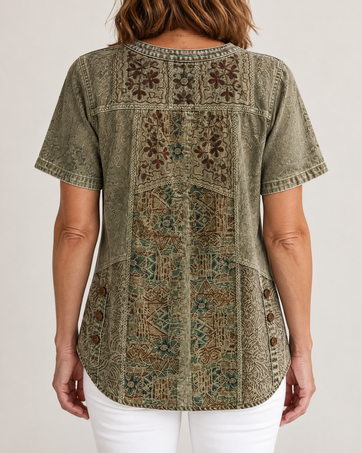 Ottilie - Art Print Henley Top in olive, back view