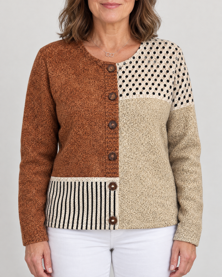 Harriet - Printed Knit-Look Cardigan, worn buttoned