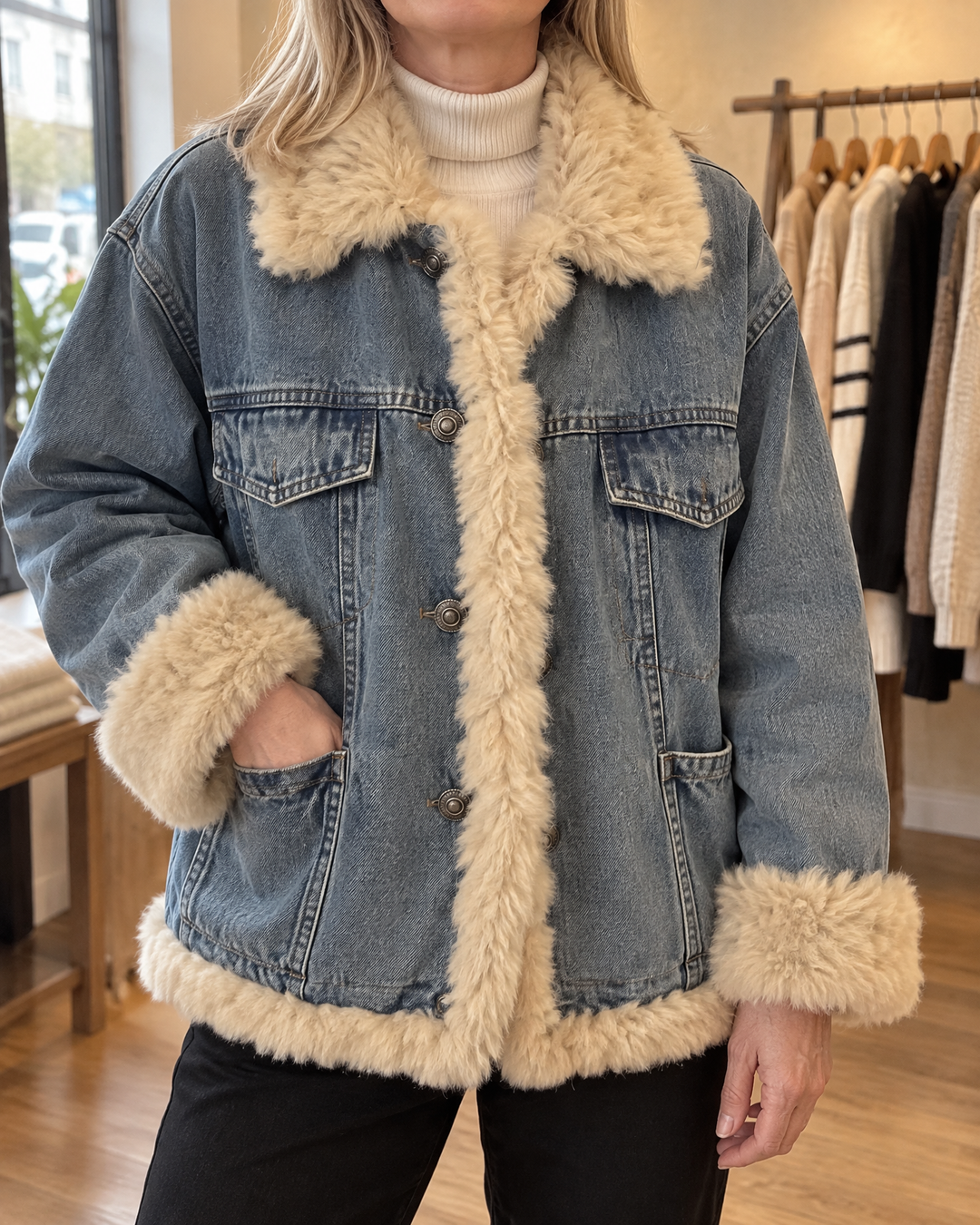 Raphaelle - Faux Fur Trim Denim Jacket in mid blue, detail of the faux fur collar, the trim and the chest pocket