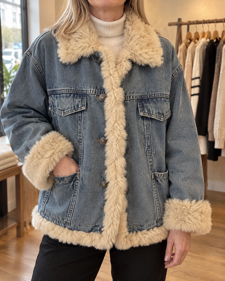 Raphaelle - Faux Fur Trim Denim Jacket in mid blue, detail of the faux fur collar, the trim and the chest pocket