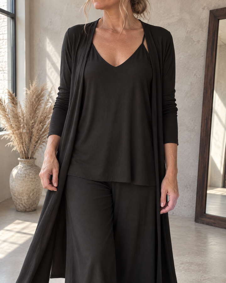 Ninon - Three-Piece Cardigan Set in black, detail of the V-neck cami, the cardigan edge and the soft jersey