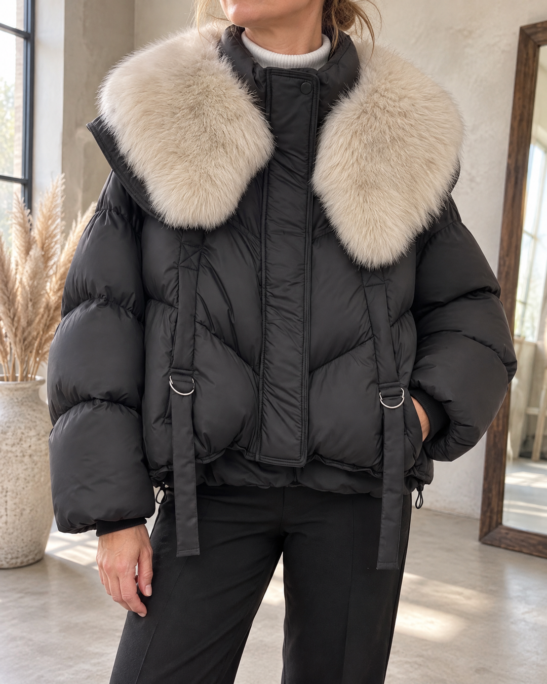 Chloe - Faux Fur Shawl Collar Puffer in black, detail of the faux fur collar, the stand collar and the D-ring strap