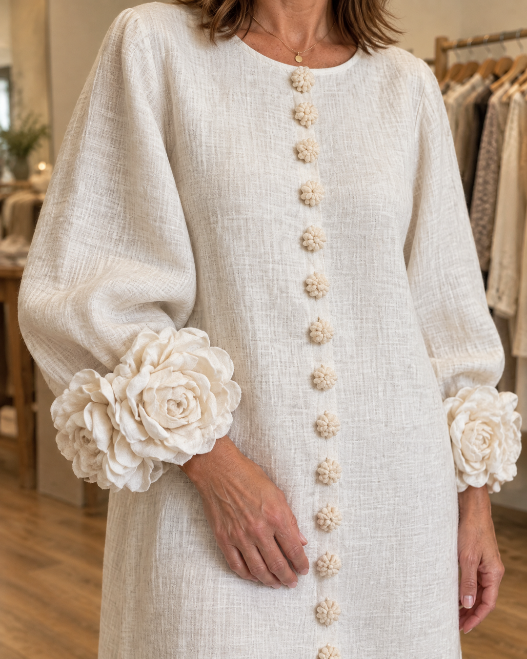 Rosalie - Floral Cuff Dress, rose cuff and flower buttons detail